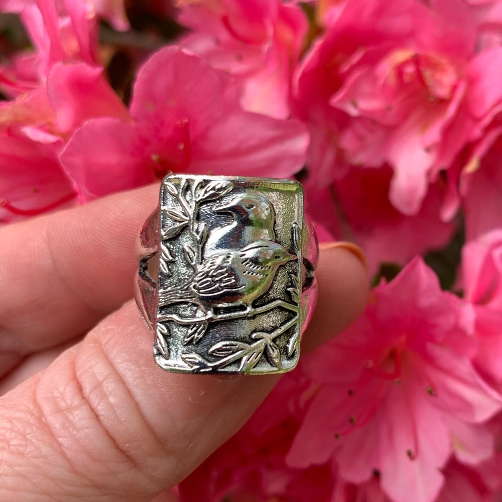 Silver Love Birds Ring Tree Floral Ring